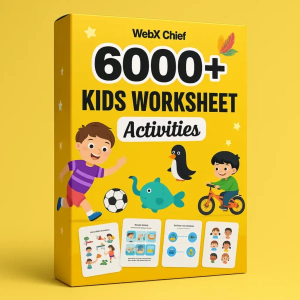 3D yellow product box of “6000+ Kids Worksheet Activities” by WebX Chief featuring cartoon children, learning icons, and sample activity sheets on a bright yellow background.